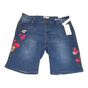 Sandpiper Floral Embroidered Stretch Bermuda Denim Jean Shorts Plus Size 20 22‎